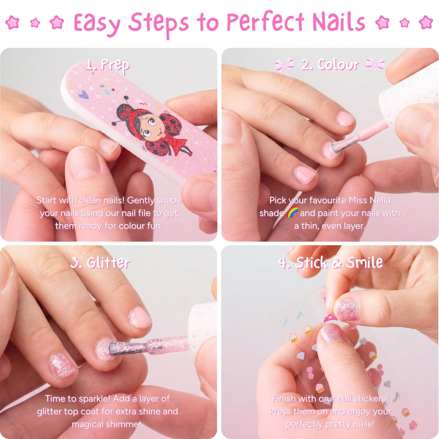 MISS NELLA SUMMER SPARKLE Varnish set- Pink, Purple, Coral, Yellow, Baby pink, Blue Peel Off kids Nail Polish