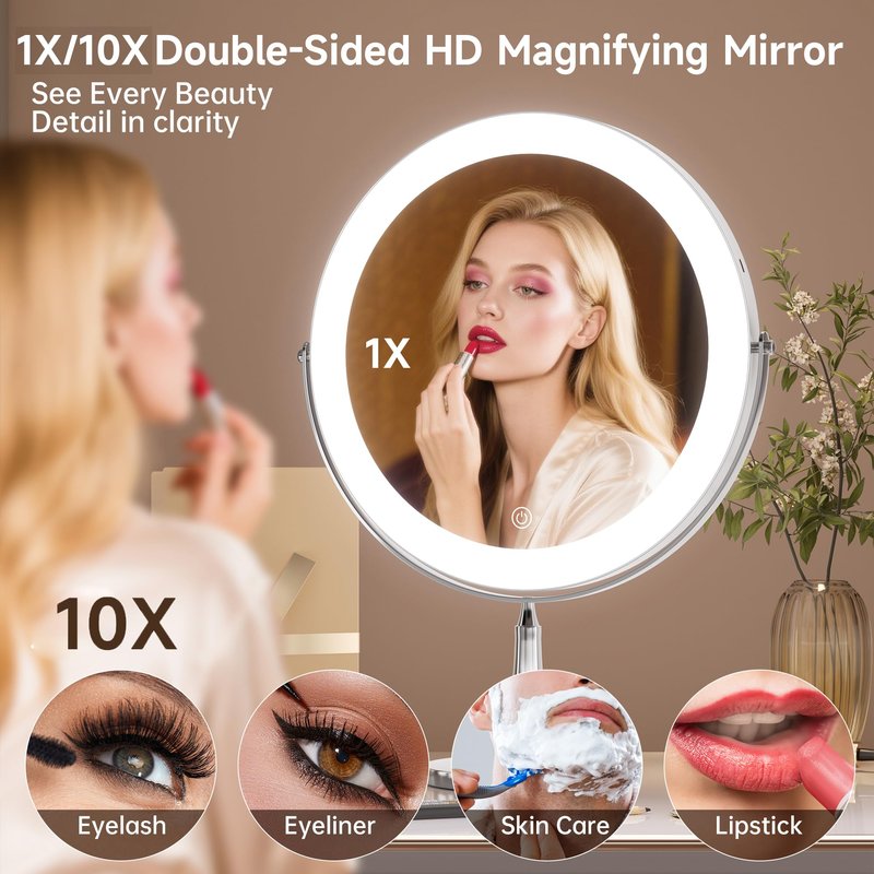DEXHOM 11.8" Extra Large Lighted Makeup Mirror, 1X/10X, 2-Sided Magnifying Mirror with 96 LEDs, 3 Color Dimmable Lights, 360° Swivel, LED Vanity Mirror, White - Great Gift Chrome