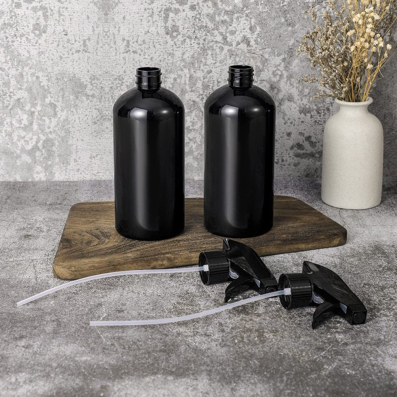 UUJOLY 17 oz Plastic Spray Bottle Trigger Empty Spray Bottles Clear Refillable Container for Water, Essential Oils, Hair, Cleaning Products, Adjustable Head Sprayer and Stream, Black, 2 Pack