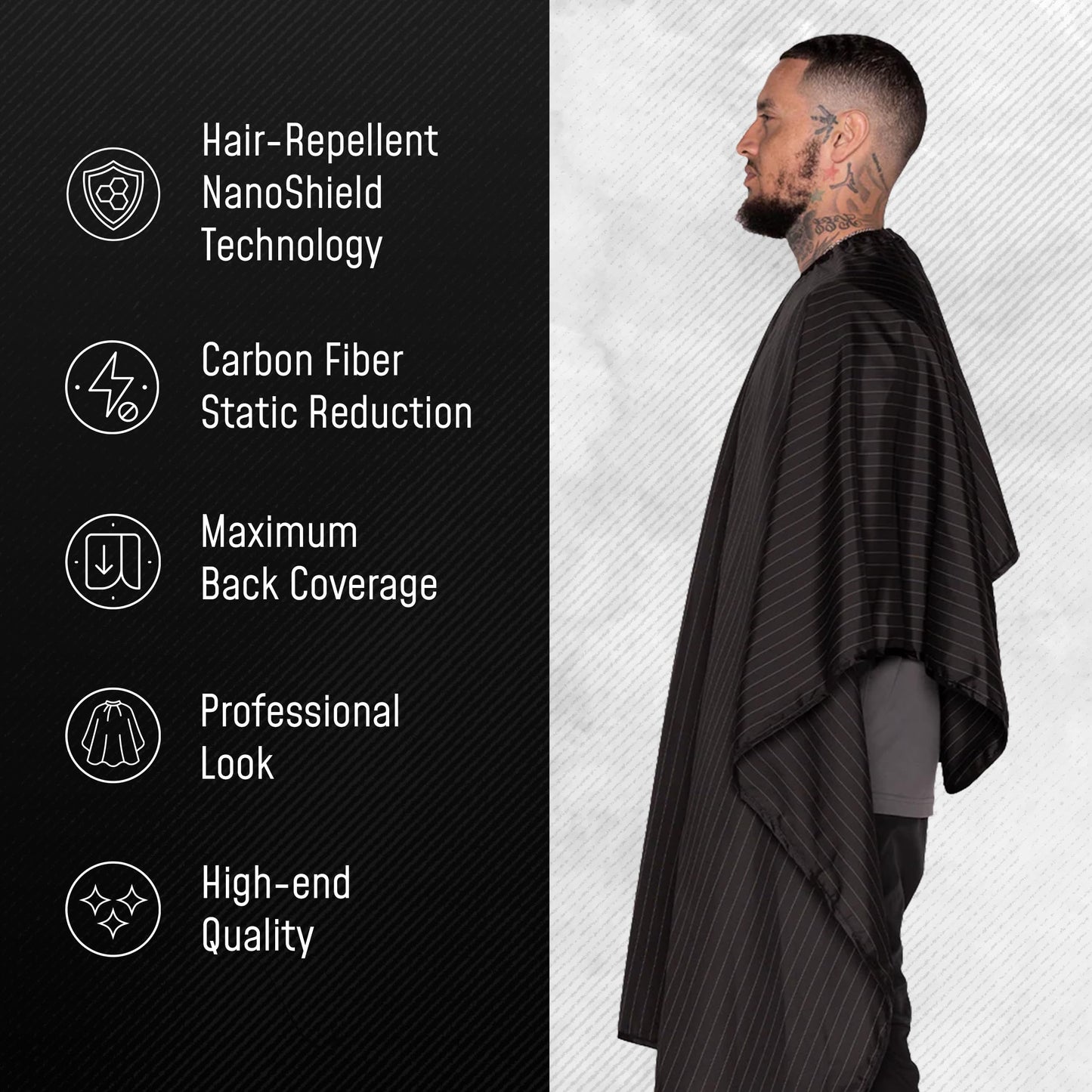 Barber Strong The Barber Cape, Hair Repelling and Static-Reducing Material, Flexible Elastic Neckband for Comfort, Water Resistant Fabric, Oversized for Complete Coverage, Black/White Stripe, 55 x 65"