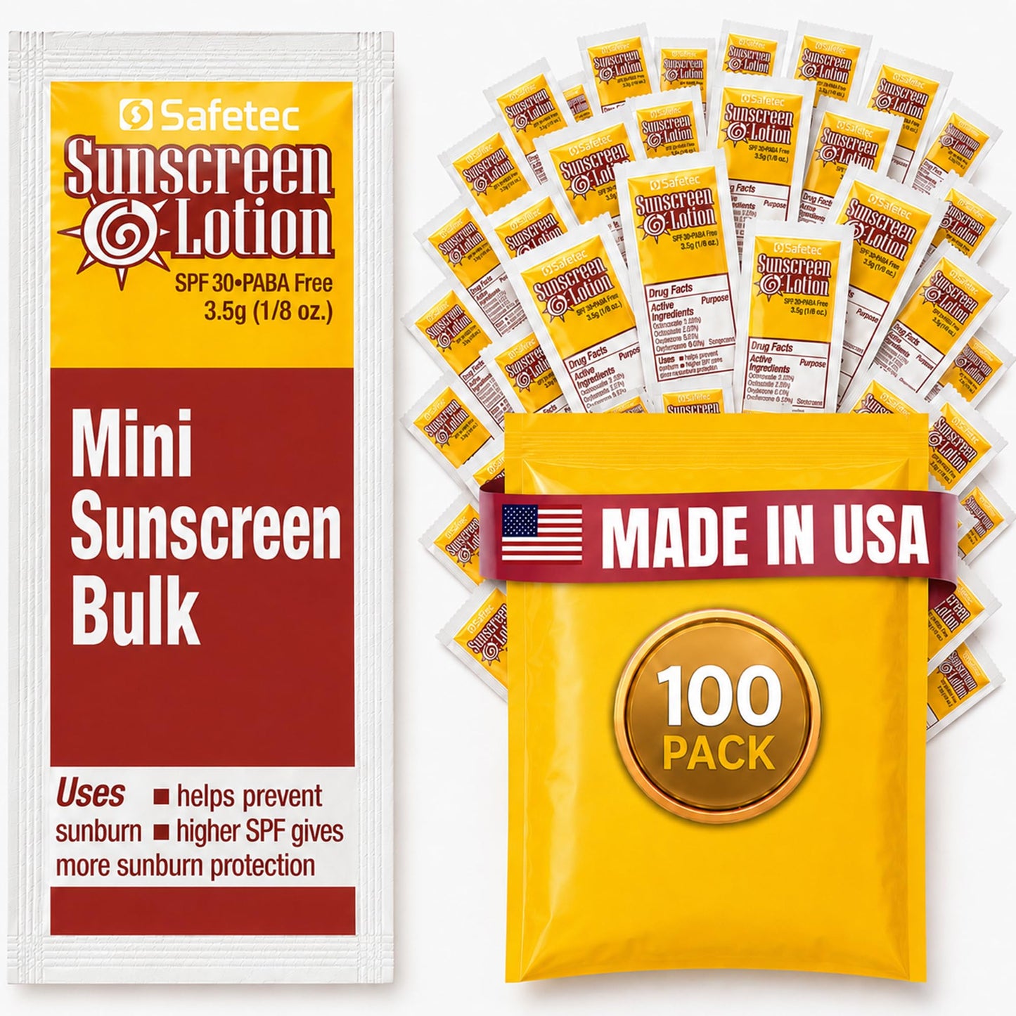 Sunscreen Lotion, SPF30 Protection and PABA Free, Mini Sunscreen Bulk, Individual Sunscreen Packets (Pack of 100) – Travel Size Sun Screen for Outdoors, Bundled with reclosable Homesphere bag (100)