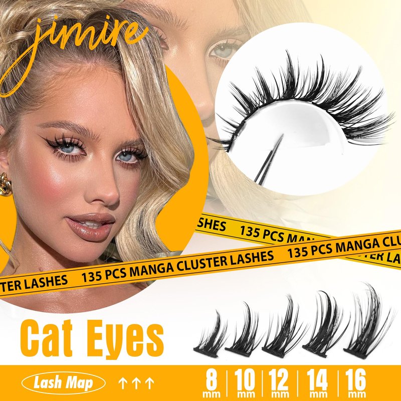 JIMIRE Manga Lash Clusters Kit Natural Anime Eyelash Clusters Kit 10-16MM Natural Lash Extension Kit with Lash Bond and Seal Lash Applicator Wispy D Curl Cluster Eyelash Extensions
