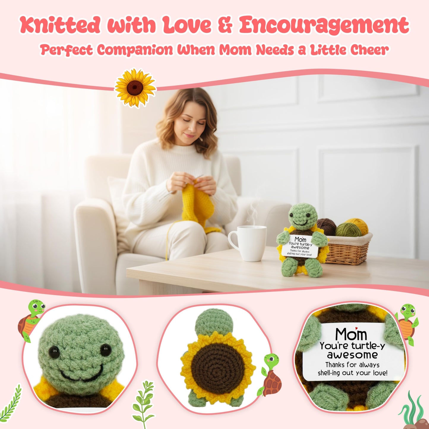 OASSIE Gifts for Mom from Daughter Son - Handmade Positive Crochet Turtle Sunflower - Mothers Day Birthday Gifts for Mom Mother in Law Mama Grandma, Emotional Support Crochet