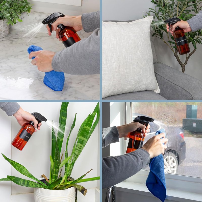 Amber Plastic Spray Bottles - 16oz Heavy Duty Mist & Stream Sprayers | 6-Pack with Chalkboard Labels, BPA-Free