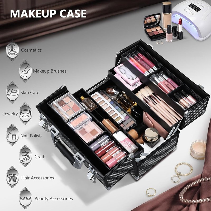 Stagiant 12.6 Inch Large Makeup Train Case - Professional Organizer with 4 Trays & Adjustable Compartments | Black