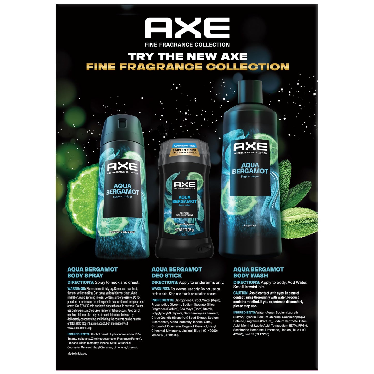AXE Aqua Bergamot Gift Set for Men – Men’s Body Wash, Body Spray & Deodorant, Fine Fragrances Collection, Sage & Juniper (3 Piece Set)