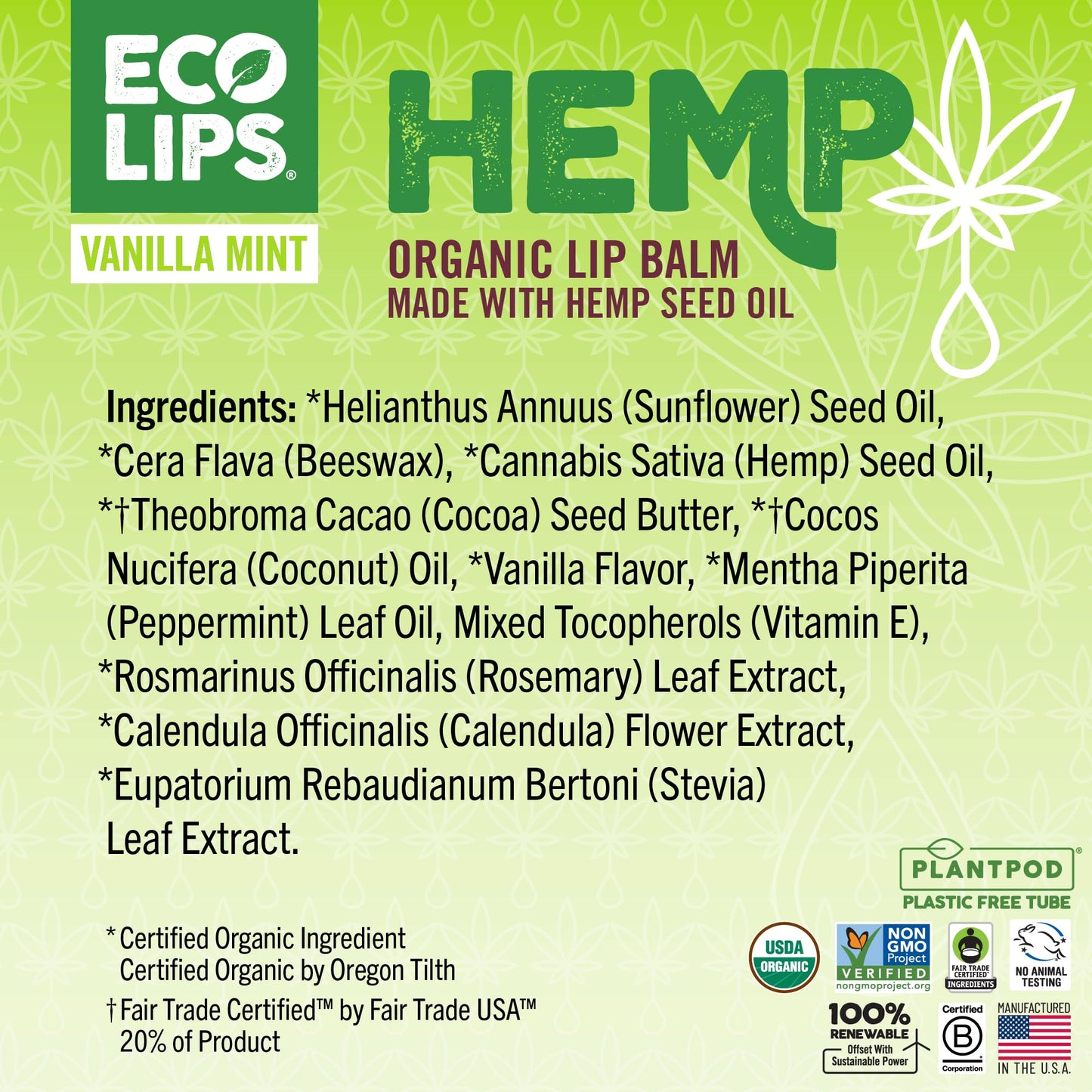 Eco Lips Organic Hemp Lip Balm Vanilla Mint, 6 pack