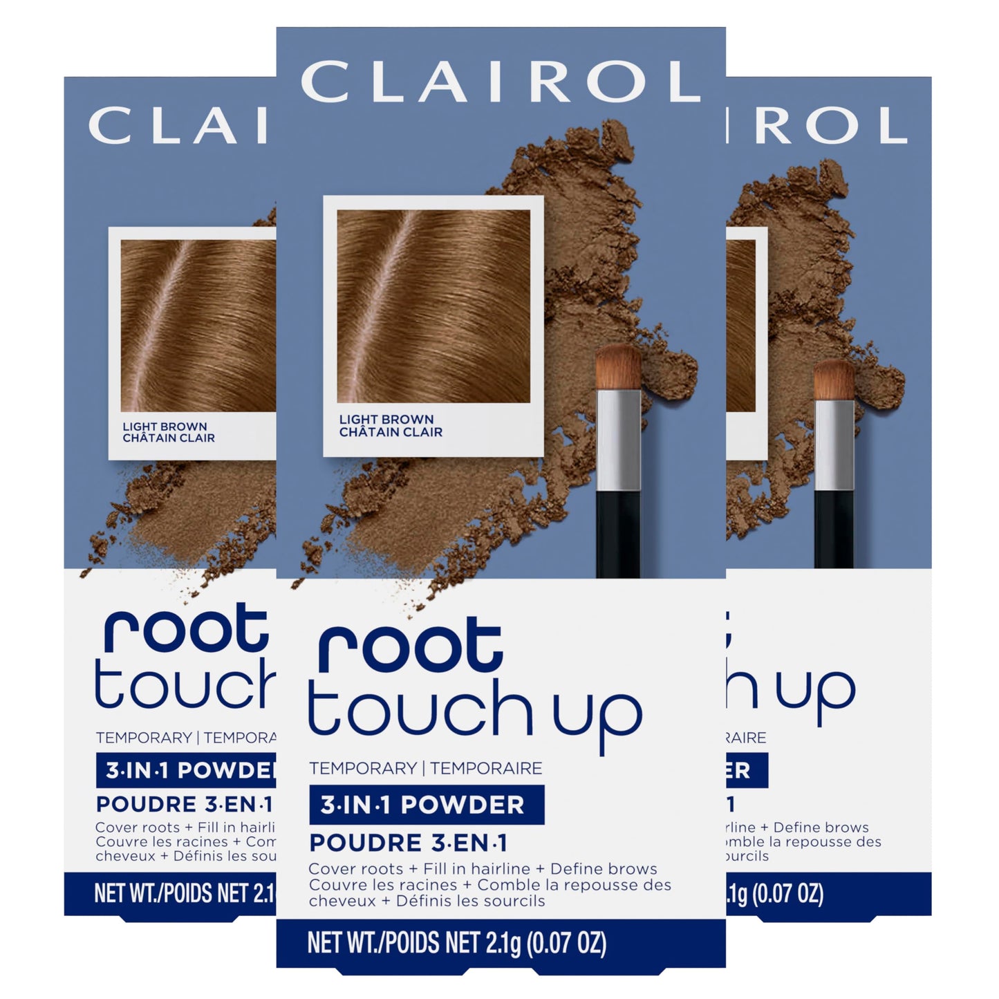 Clairol Root Touch-Up Temporary Concealing Powder, Light Brown Hair Color | Ammonia Free | Instantly Cover Roots + Define Eyebrows | On-the-Go Compact with Mirror and Application Brush | Pack of 3