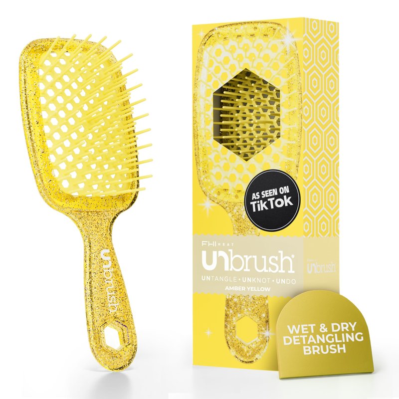 FHI Heat UNbrush Detangling Brush for Pain-Free Brushing on All Wet or Dry Hair Types — Durable DuoFlex Anti-Static Bristles, Lightweight Handle, Vented Hair Brush, Amber Yellow