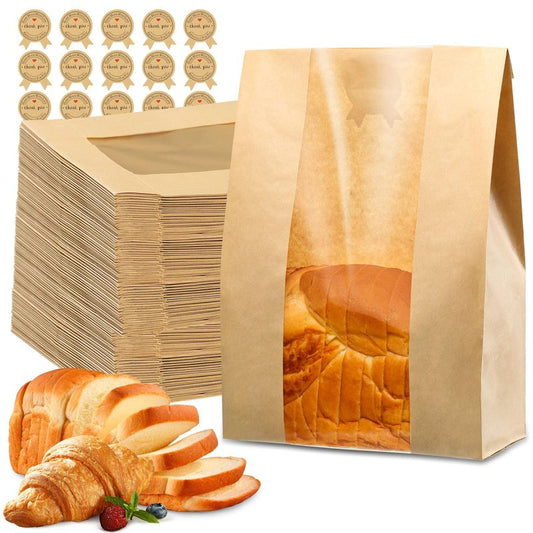 50 Pcs Bread Bags for Homemade Bread, Sourdough Paper With Window, 50% Thicker 13.7x8.2x3.7in A Large Bakery Bags Used for Storage Cookies & Snacks, 60 Cute Sealing Stickers With Ties