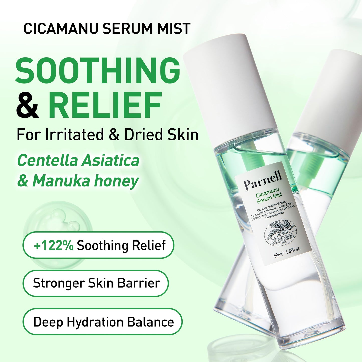 Parnell Cicamanu Serum Mist (1.69 Fl Oz) 50ml | Centella Asiatica, Ceramide & LHA | Dual-Layer Hydrating Face Mist for Glowing Skin | Soothing & Sebum Control | Korean Skincare