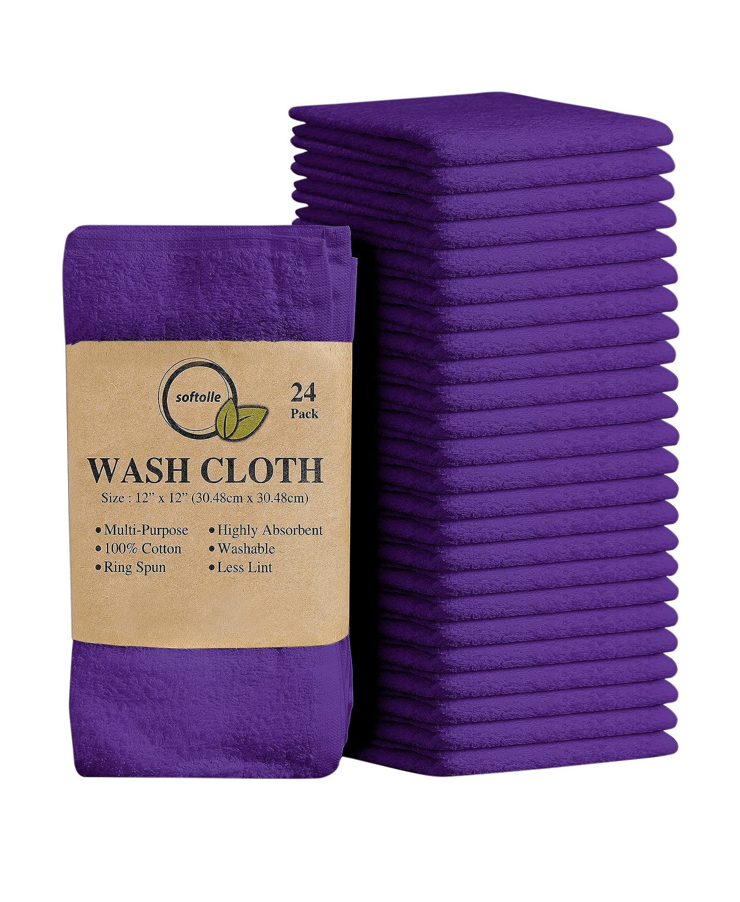 Softolle 100% Cotton Washcloths 24 Pack (12x12 Inches) Soft, Highly Absorbent Washcloth, Face Towels, Wash Cloths for Face, Ring Spun, Bulk Pack (Purple)