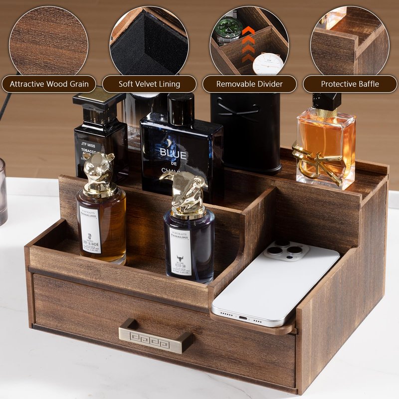 Wishtofly Cologne Organizer for Men, 3 Tier Perfume Display Stand with Drawer and Hidden Compartments, Stylish Wooden Mens Cologne Holder for Dresser Storage, Great Gift for Men/Fathers, Deep Brown