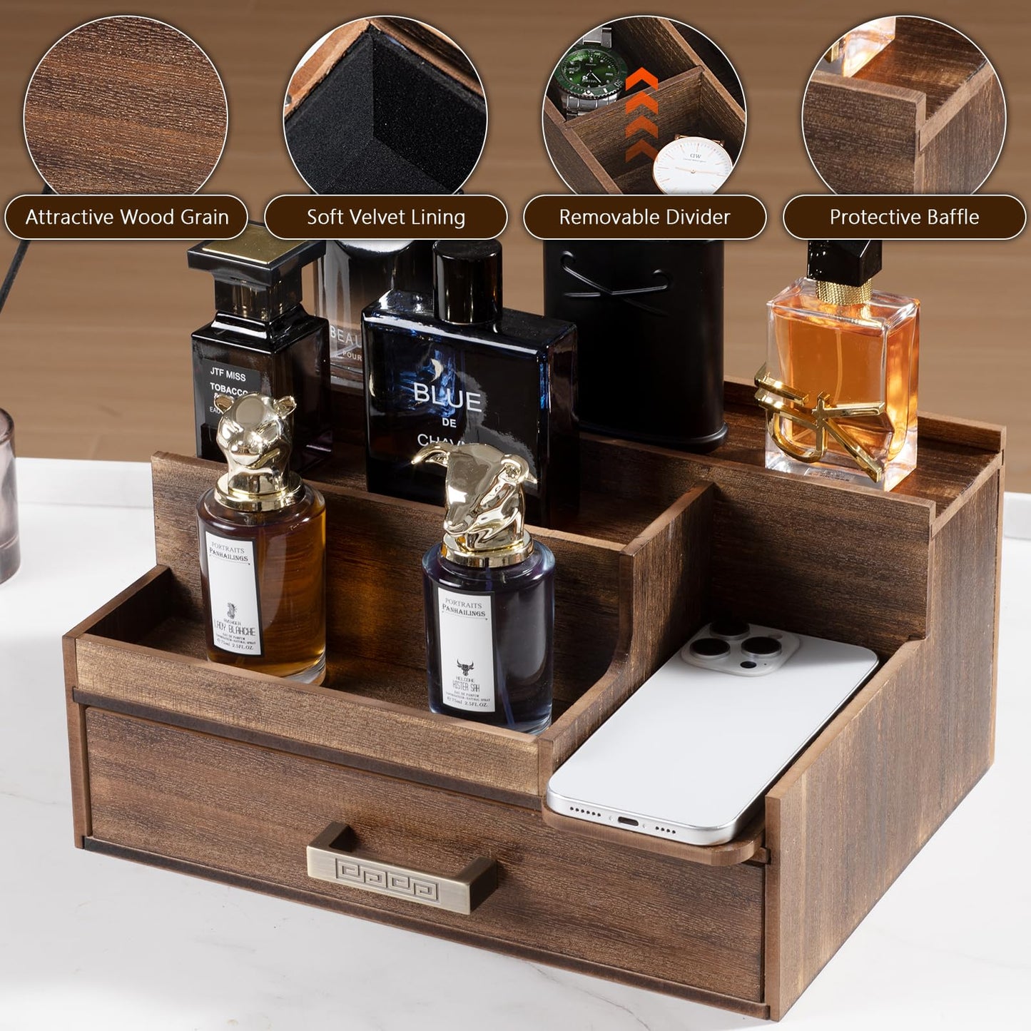 Wishtofly Cologne Organizer for Men, 3 Tier Perfume Display Stand with Drawer and Hidden Compartments, Stylish Wooden Mens Cologne Holder for Dresser Storage, Great Gift for Men/Fathers, Deep Brown