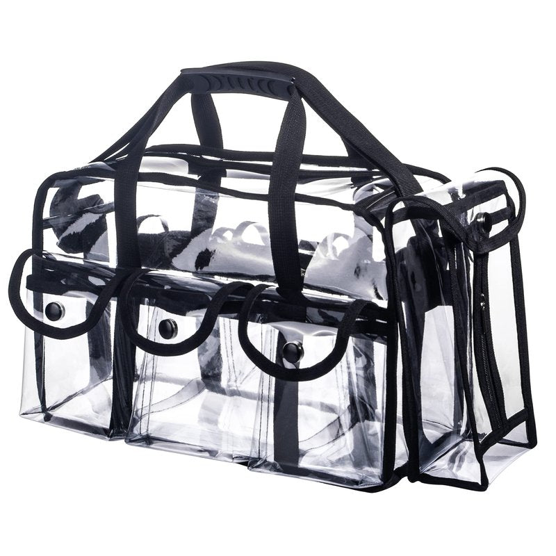 Wide Open Large Professional Clear PVC Travel Makeup Artist Set Bag Cosmetic Nails Beauty Bags Transparent Vinyl Tool Organizer Beach Bags Diaper Bag with 6 External Pockets & Strap (Black)