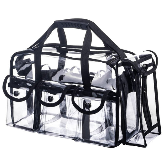 Wide Open Large Professional Clear PVC Travel Makeup Artist Set Bag Cosmetic Nails Beauty Bags Transparent Vinyl Tool Organizer Beach Bags Diaper Bag with 6 External Pockets & Strap (Black)