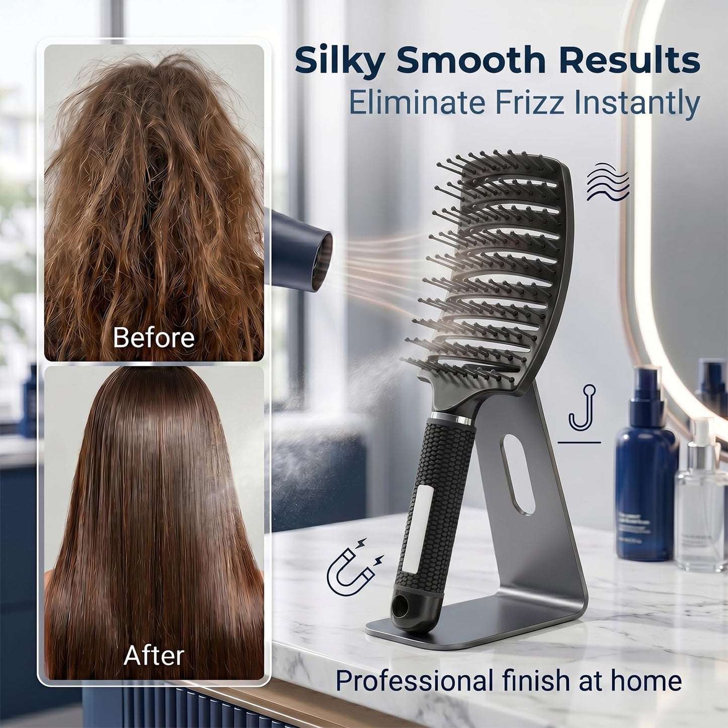 FIXBODY Detangling Vented Curved Hair Brush for Women Men Kids Wet Dry Use (Black-Nylon)
