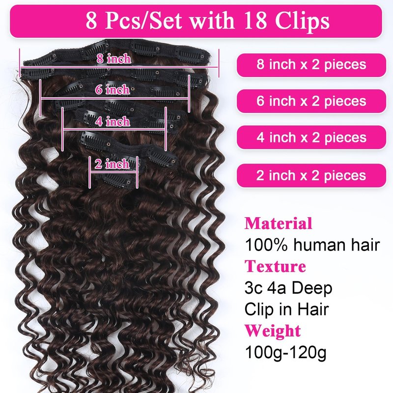 Clip in Hair Extensions Real Human Hair Deep Curly Dark Brown Clip in Extensions for Women Seamless Invisible Natural Remy 100% Human Clips ins Extension 8pcs Double Weft 18 inch 120g/4.2oz