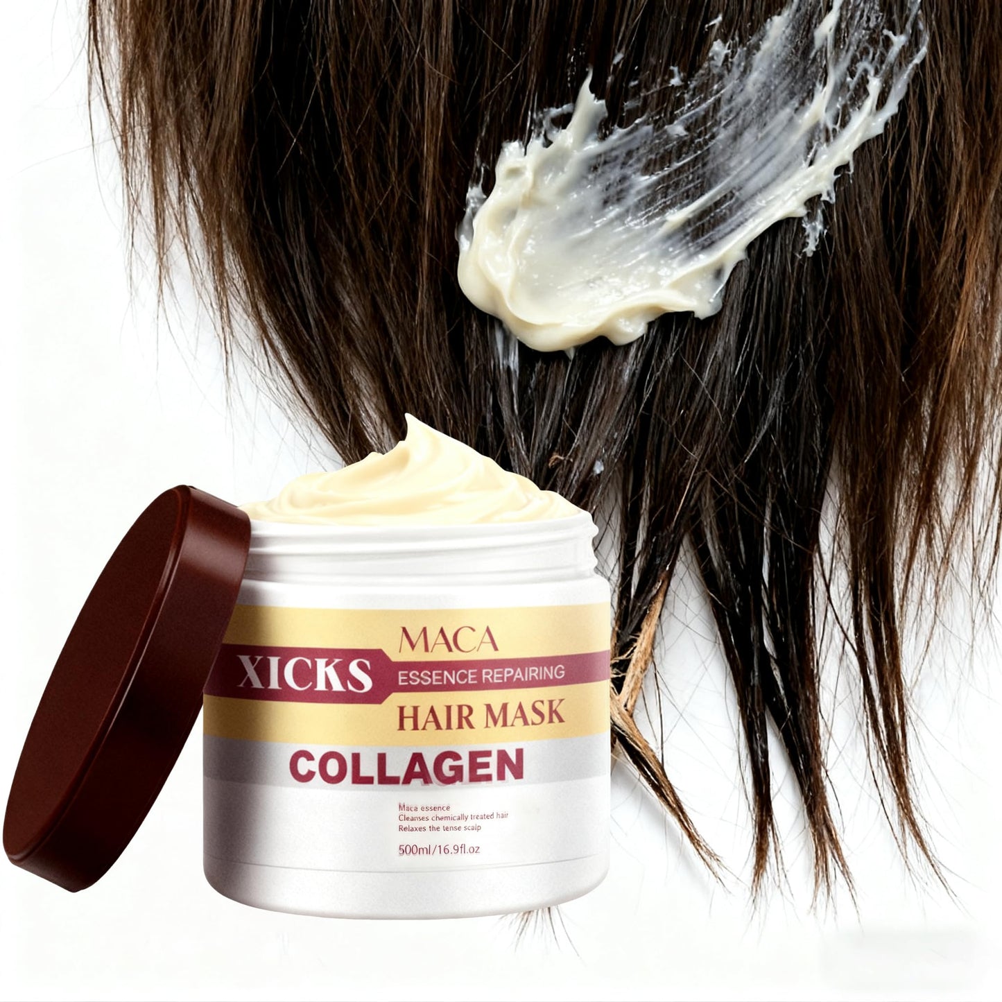 Maca Collagen Argan Oil Hair Mask 500ml & Essence Oil 50ml Set, Deep Treatment for Dry Damaged Hair, Nourishing & Repair for Color Treated, Bleached & Curly Hair, Split Ends & Heat Damage Repair