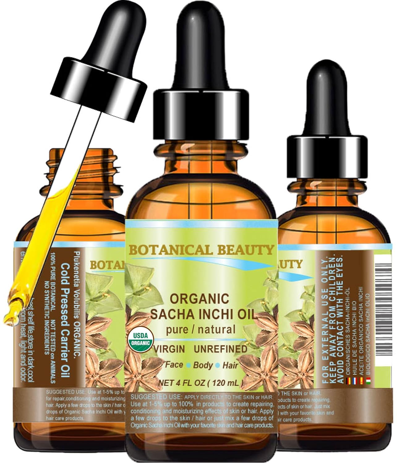 Organic Sacha Inchi Oil - 100% Pure Virgin Cold Pressed Carrier Oil for Face, Skin & Hair | 4 Fl Oz (120 ml)