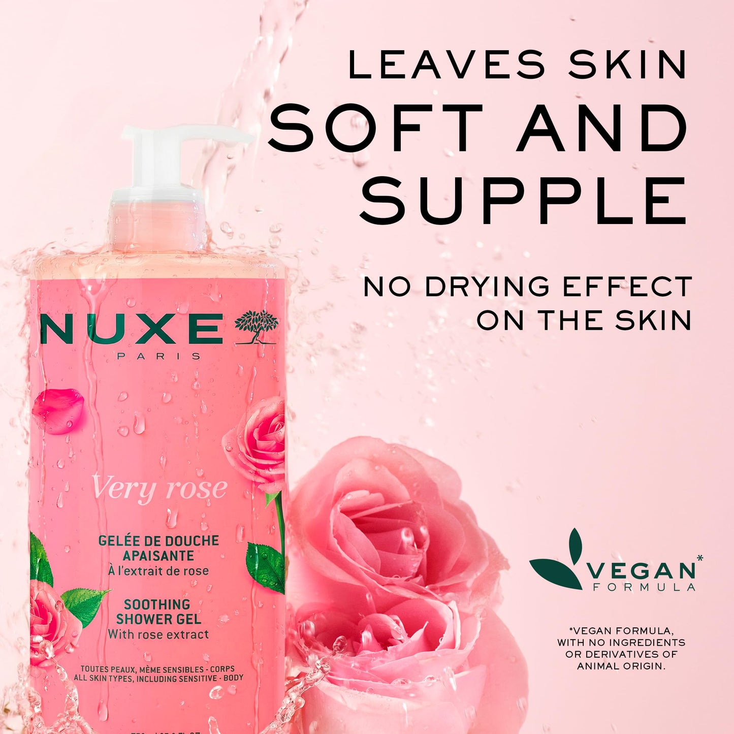 Nuxe Very Rose Soothing Shower Gel. Gentle Body Wash for All Skin Types, Delicately Scented with Rose Floral Water, 750 ml