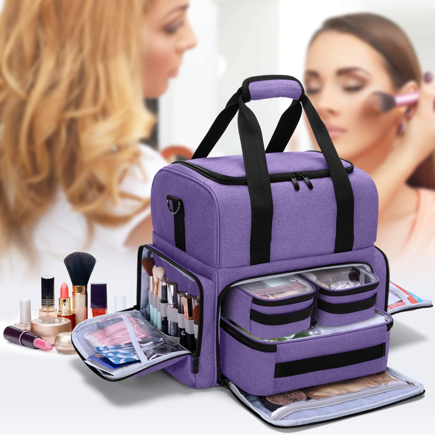 BAFASO 2 Layers Large Travel Makeup Bag with 3 Inner Removable Pouches, Cosmetic Bag with Detachable Dividers (Patented), Purple