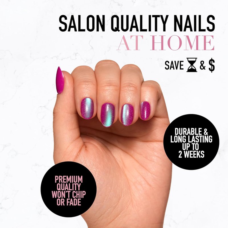 Glamnetic Press On Nails - Berry Fizz Short Oval Set | Reusable Magenta Metallic Finish | 30 Nails in 15 Sizes