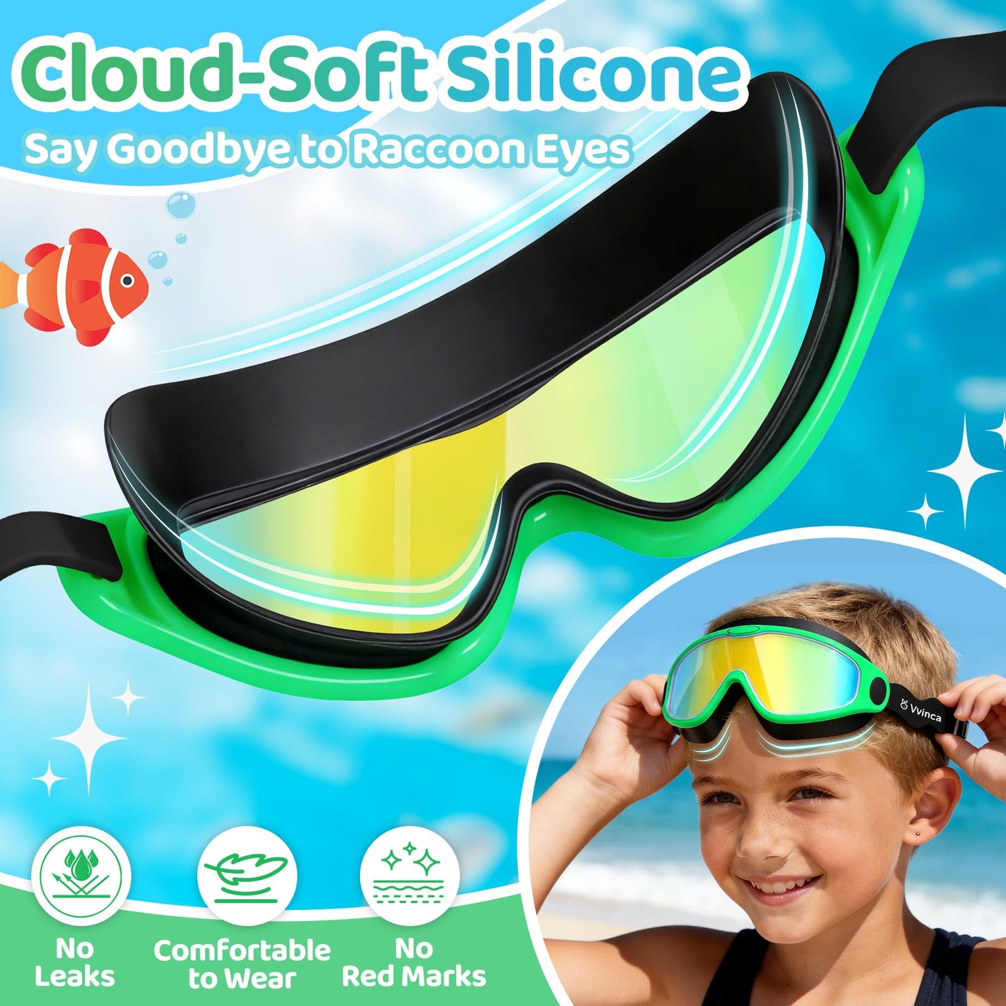 Vvinca Kids Swim Goggles for Boys Girls Age 3-15, Soft Wave-Shape Strap (No Hair Pulling), 180° Wide View Anti Fog/UV Waterproof Swimming Goggles, Leak Free Silicone Pool Goggle for Toddler Youth
