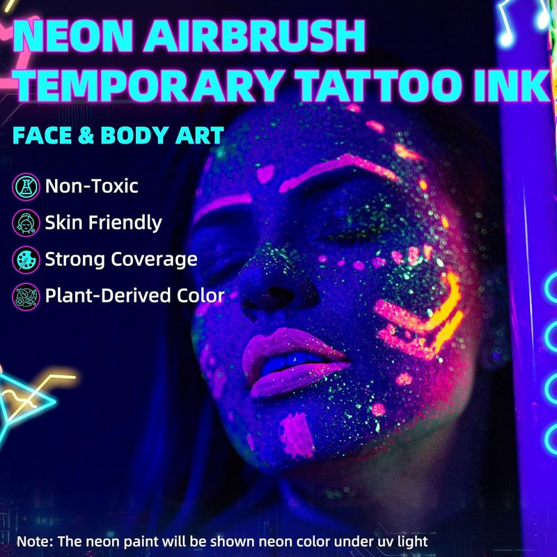 Ophir Neon Airbrush Temporary Tattoo Ink - 8 Vibrant Colors for Rave & Festival Body Paint | 1.06oz Bottle
