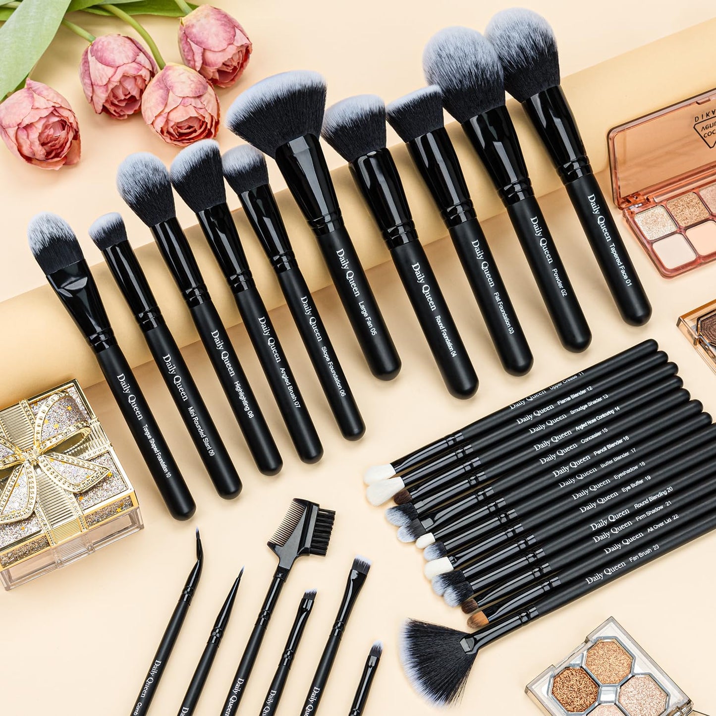 Daily Queen 29pcs Black Professional Makeup Brush Set Kabuki Powder Concealers Eye shadows Blush Eyeliner Eyebrow Contour Eye blending Brushes (29pcs brush+black barrel)