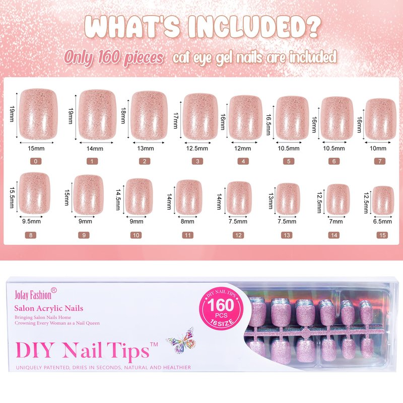Jofay Fashion Press On Nails - Short Square Nails, 160Pcs Acrylic Nails, Flash 03