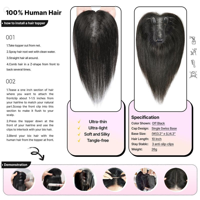 SHEIRIS Hair Toppers for Women Real Human Hair Toppers with Bangs 4.3x3.2 Inch Upgrade Swiss Lace Base Human Toppers for Women with Thinning (#Natural Black, 10inch)