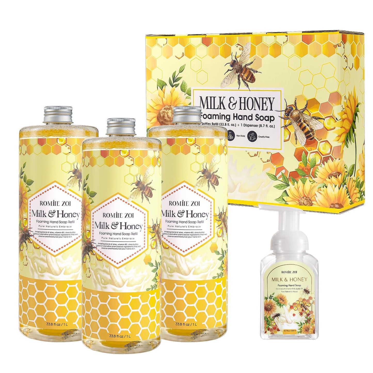 ROMIIE ZOI Foaming Hand Soap Refill Gift Set – Honey & Milk Scent – 3 Pack (1000ML Each) with Dispenser – Gentle & Moisturizing Plant-Based Formula – Bulk Refill Bottles for Bathroom & Kitchen Use