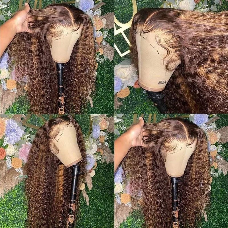 Labamiya P430 Curly Wave Human Hair Wig Highlight Brown Lace Frontal Wigs 28 Inch Human Hair Wig Color P430 Pre Plucked Pre Cut Glueless Wigs Elastic Band 200% Density
