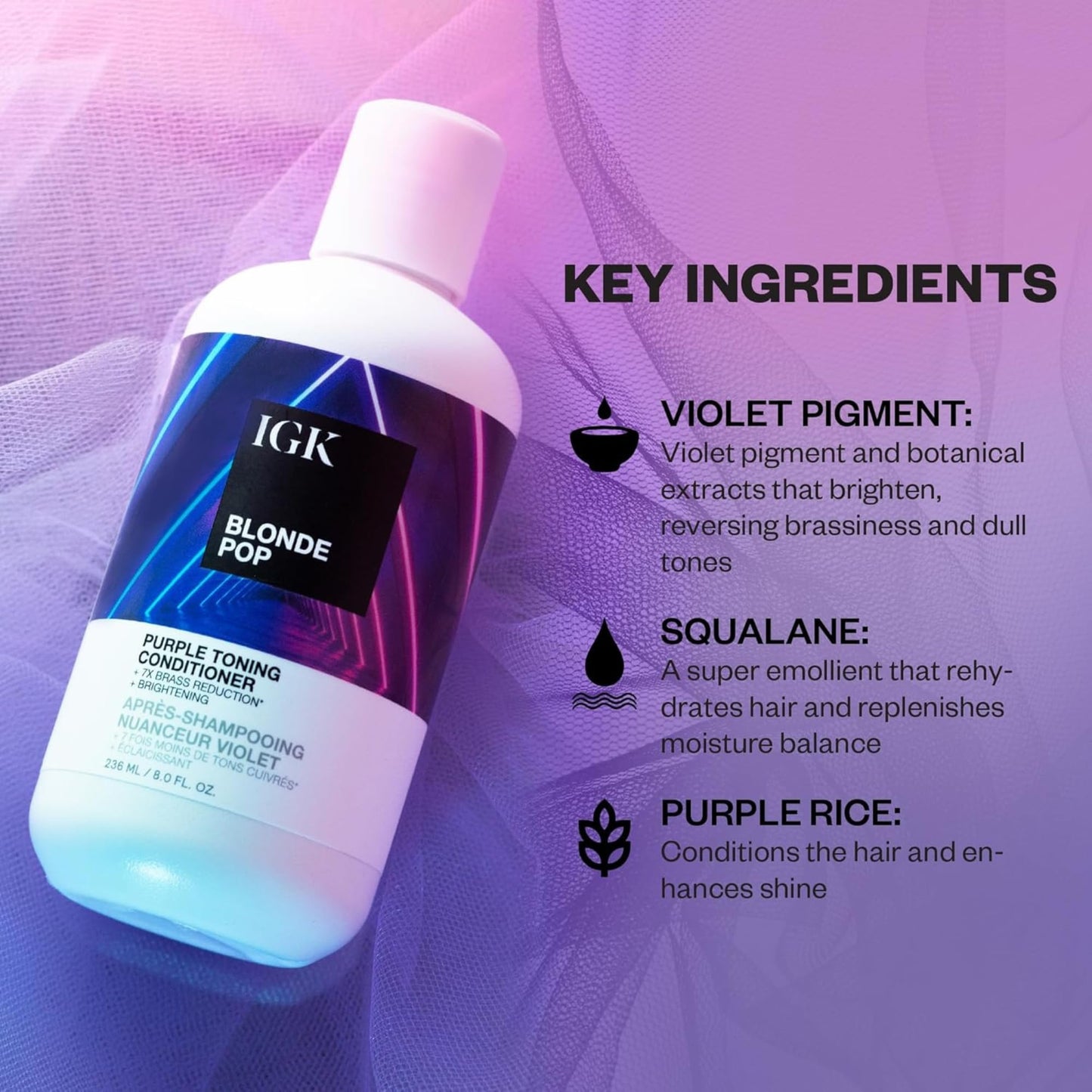 IGK BLONDE POP Purple Toning Conditioner | Hydrates, Brightens + Neutralizes Brass for Blonde & Highlighted Hair | Vegan + Cruelty Free | 8oz