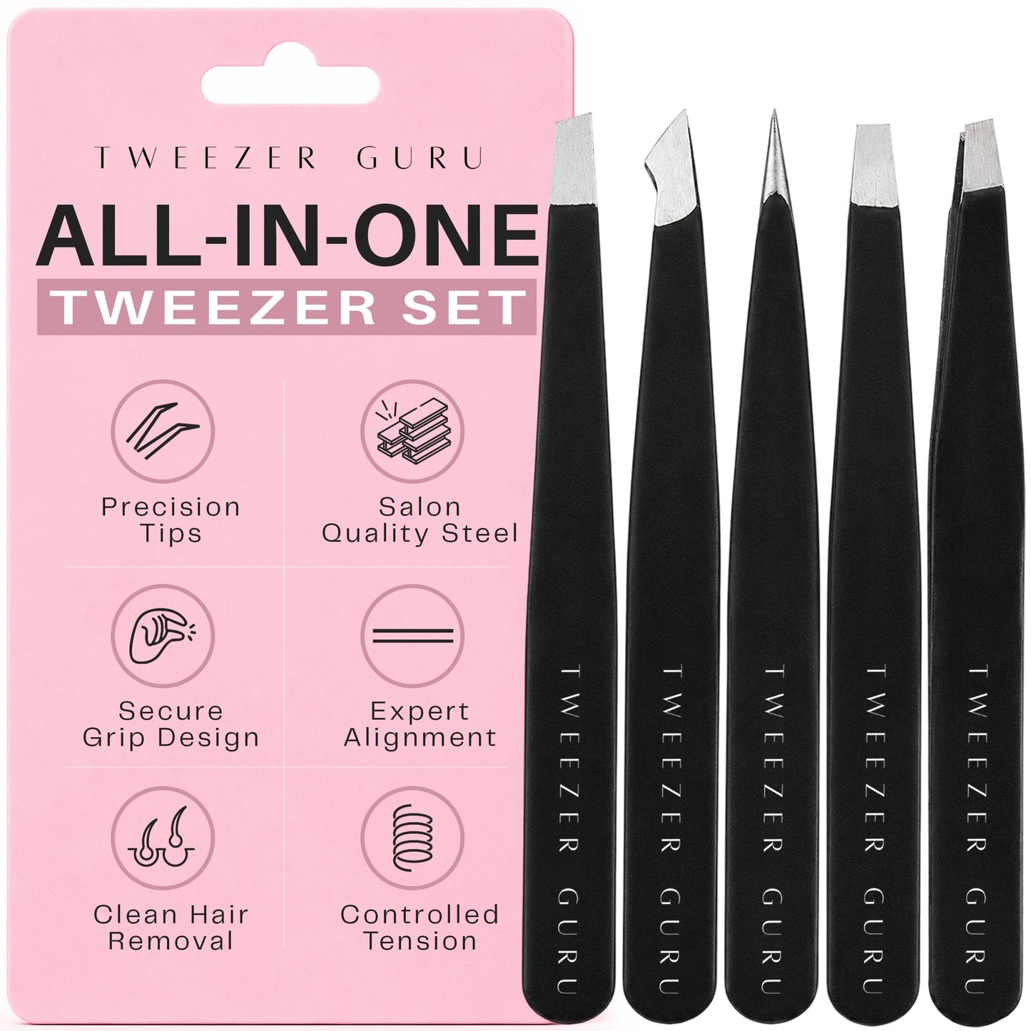 Tweezers Set 5-piece - Tweezer Guru Stainless Steel Slant Tip and Pointed Eyebrow Tweezer Set - Great Precision for Facial Hair, Ingrown Hair, Splinter and Blackhead Remover (Black) (5-Pack)