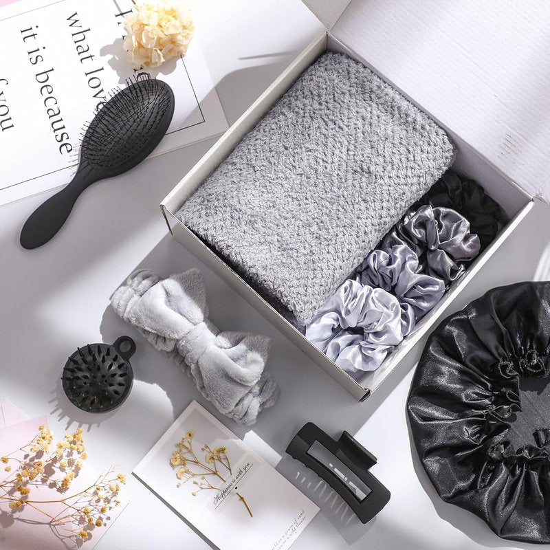 Mother's Day Hair Care Gift Set - 12 Pcs Spa Kit with Black Microfiber Hair Drying Towel | Unique Gift for Mom, Grandma, or Best Friend