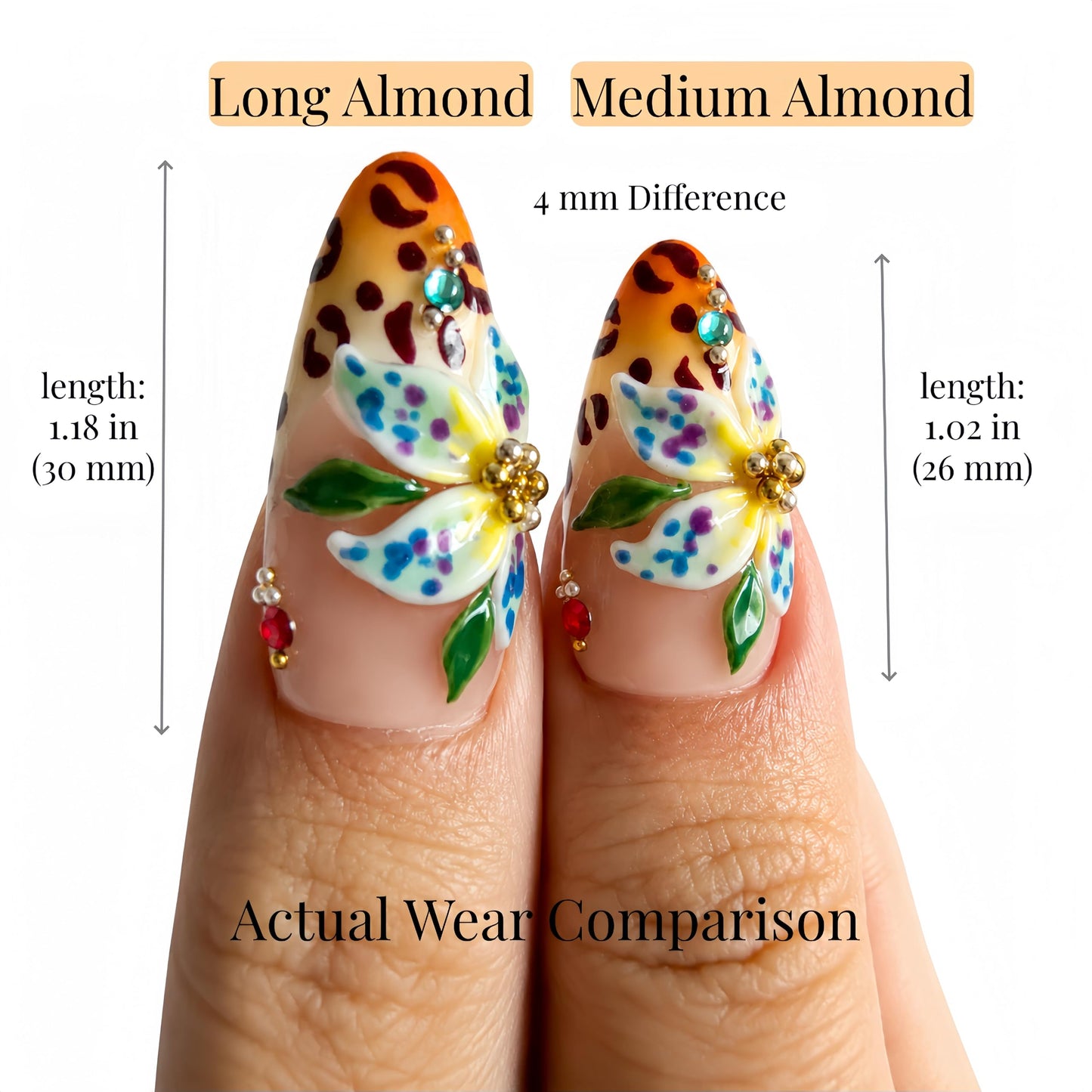 Handmade Acrylic Press On Nails Butterfly Cute Summer | Almond Nails Hand Painted 3D Floral | Reusable Vacation Style | Luxury Gift for Women (Long Almond & Size L) Headeer