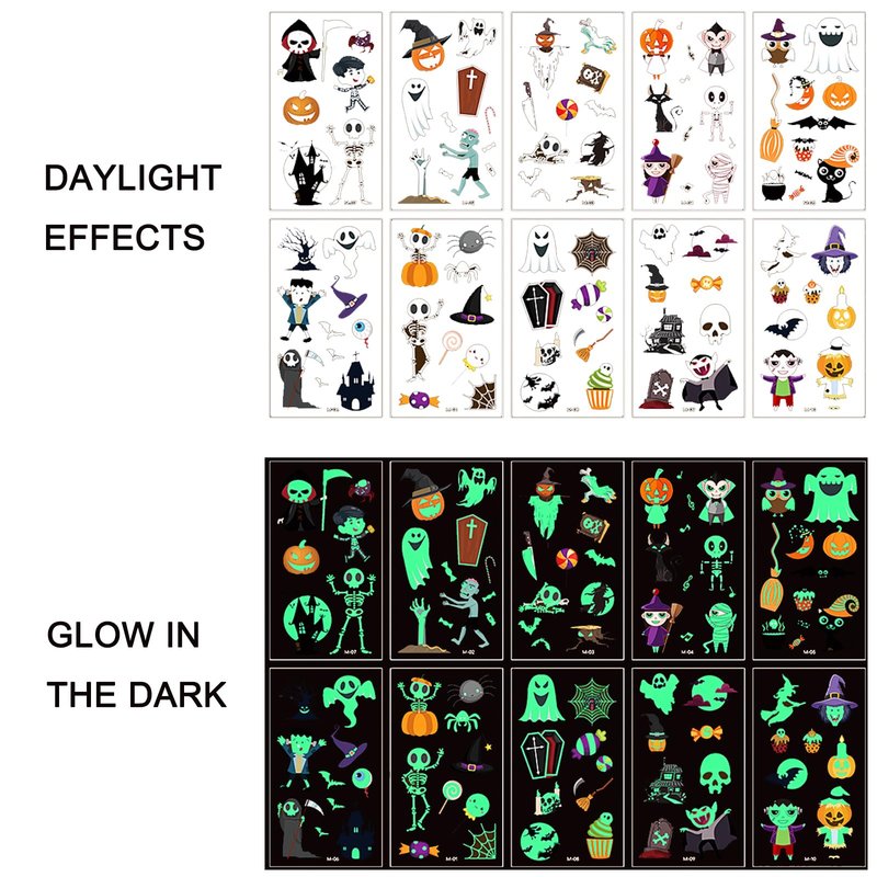 ZHAKKE Halloween Temporary Tattoos for Kids 20 Pack Glow in the Dark Party Tattoos Birthday Party Decorations Assorted Goodies Tattoos Goody Bag Supplies