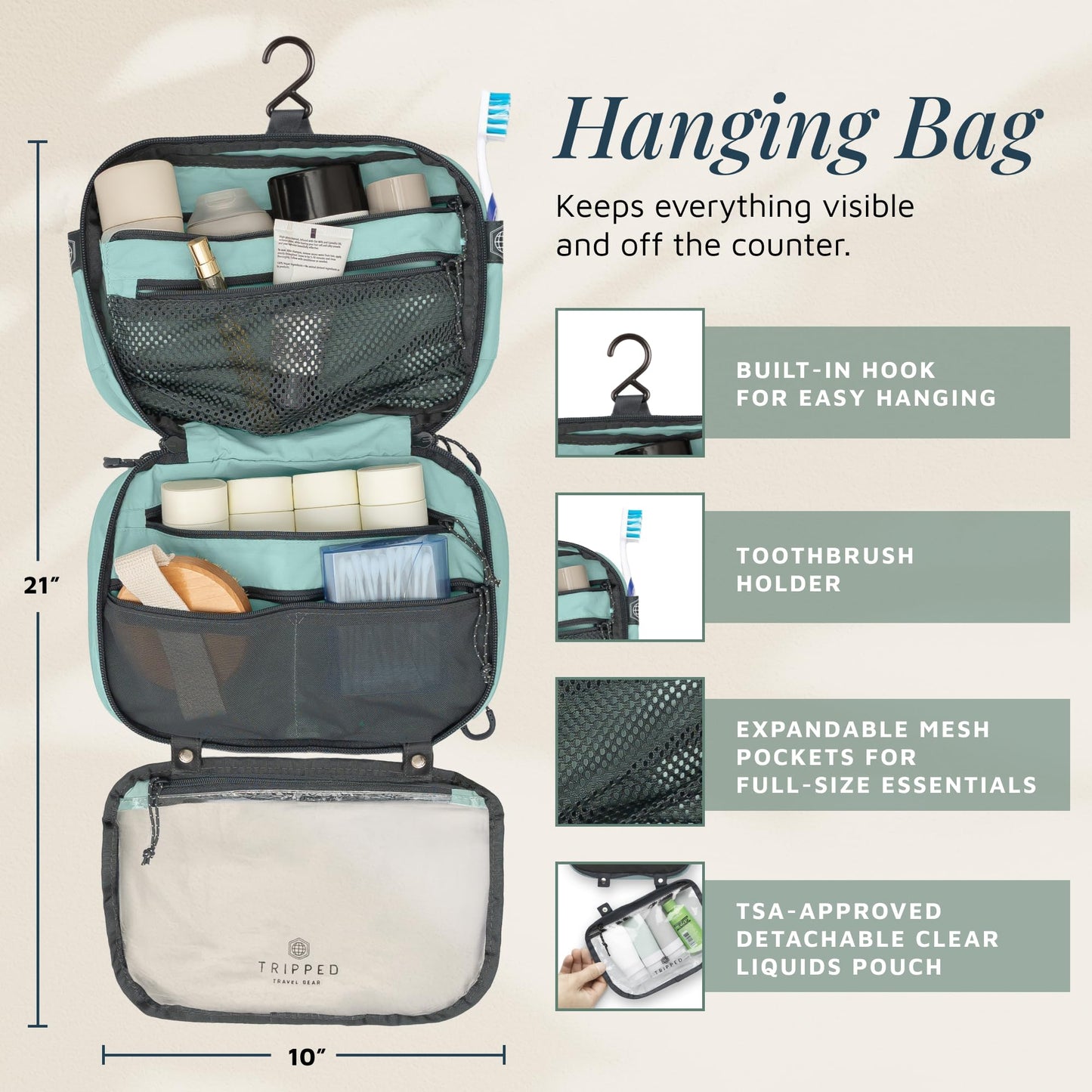 Toiletry Bag Kit 3 Piece Set: Hanging Travel Toiletry Bag + 311 TSA Cosmetic Liquid Bag + Accessory Organizer Pouch (Dusty Teal)