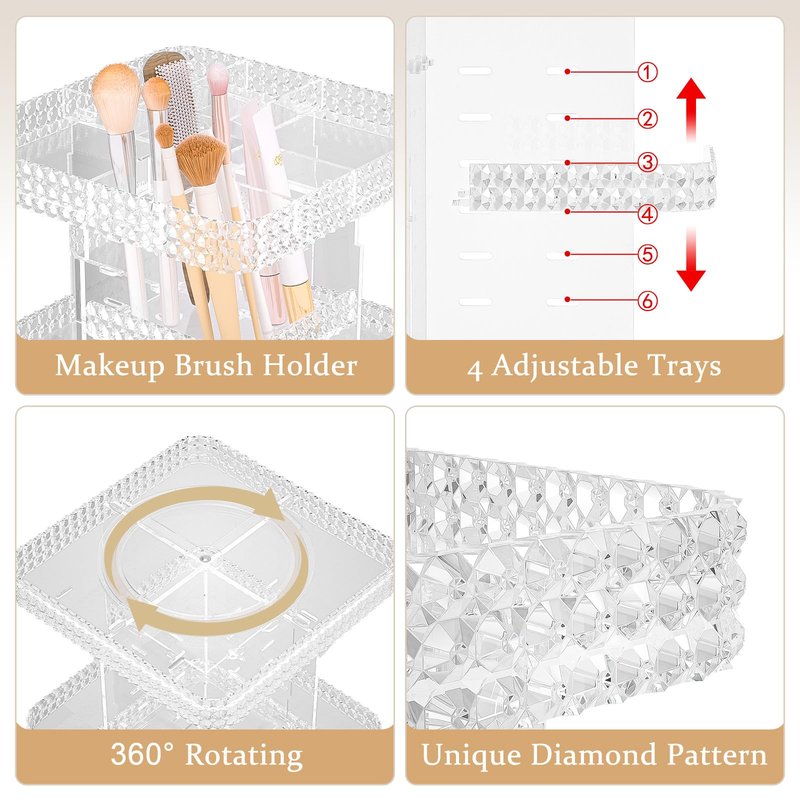 HEMTROY Rotating Makeup Organizer with Makeup Brush Holder,Large Capacity Perfume Organizer for Vanity Countertop,Acrylic Skincare Organizers Spinning Holder Storage Rack (Clear)
