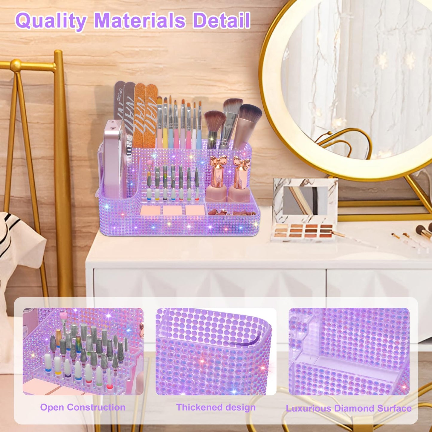 ANRUI Nail Drill Bit Holder, 28 Holes Plastic Nail Drill Machine & Bits Storage Case, Professional Nail Desk Organizer for Manicure Tools Gift for Women and Girls- Diamond Purple
