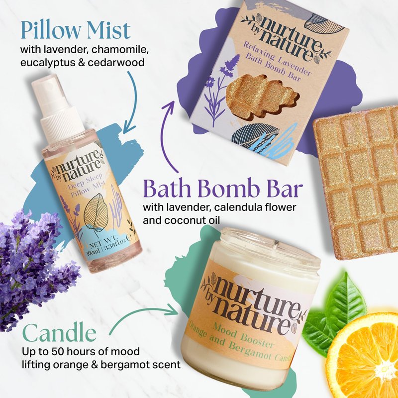 Nurture by Nature Spa Gifts for Women - Mothers Day Gifts for Mom, Self Care Gift Set & Spa Gift Basket for Women, 6 Piece Bath Set with Candle, Bath Bomb, Salts & Pillow Spray - Relaxation Gifts