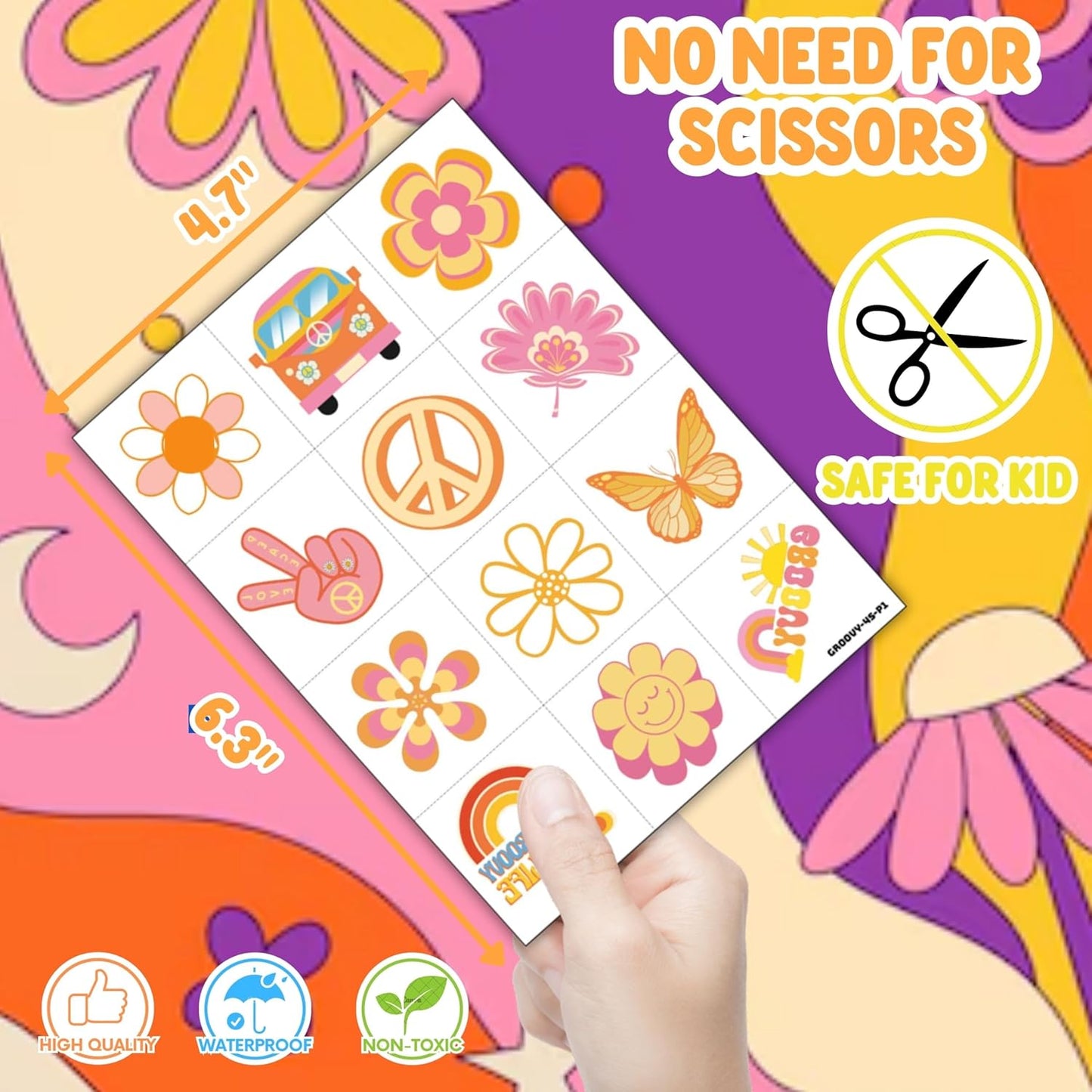 Groovy Party Favors - 72 PCS Set with 48 Pre-Cut Temporary Tattoos & 24 Punch Balloons | Birthday Decorations & Goodie Bag Fillers