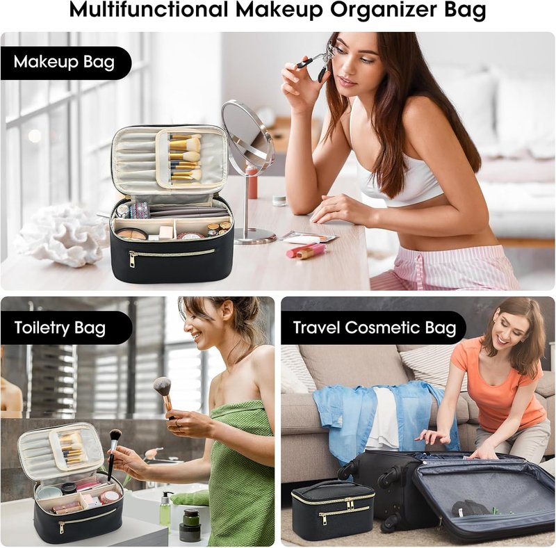 Travel Makeup Bag Organizer - Large Capacity Waterproof Cosmetic Pouch with Divider | Black Clamshell Case