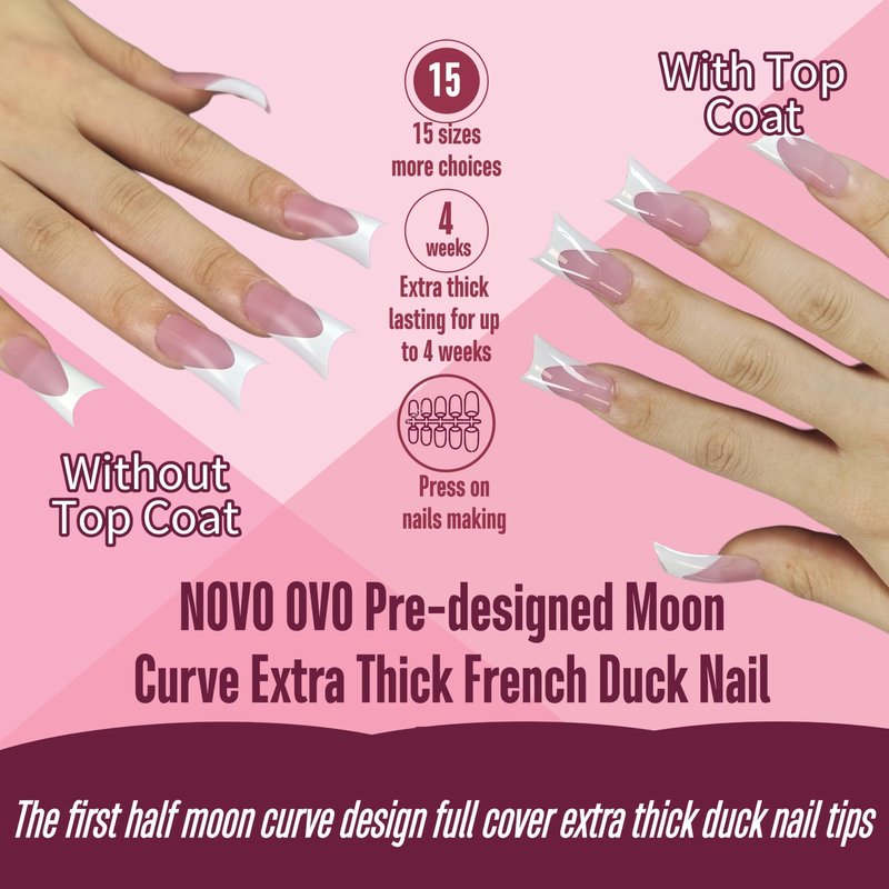 NOVO OVO Halloween White French Tip Duck Feet Nail Tips BERRY PINK Full Cover Press on Acrylic with Moon Curve, Thick Medim Long Pre-Etched Matte Wide Soft Gel False Nail Extension x 15 Sizes 150 pcs