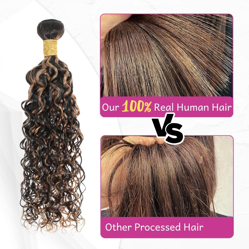 Anmetan Honey Blonde Highlight Black and Brown 4x4 Closure Water Wave Human Hair, 12A Wet and Wavy Color F1B30 Ombre 100% Remy Hair Pre Plucked with Baby Hair Free Part Hairline 4x4 Lace Closure 14 In