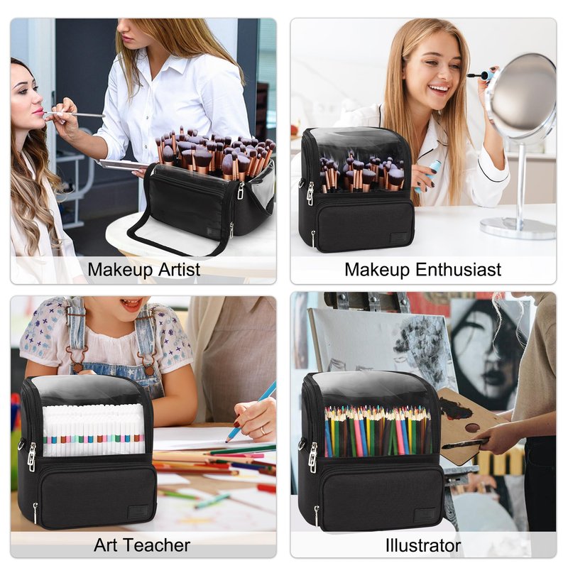 TANTO Makeup Brush Bag, Makeup Brush Holder Travel Extra Large Make up Brush Organizer Case Stand-up Makeup Cup Foldable Pro Cosmetic Artist Storage Bags with Adjustable Divide (01A-Black,X Large)