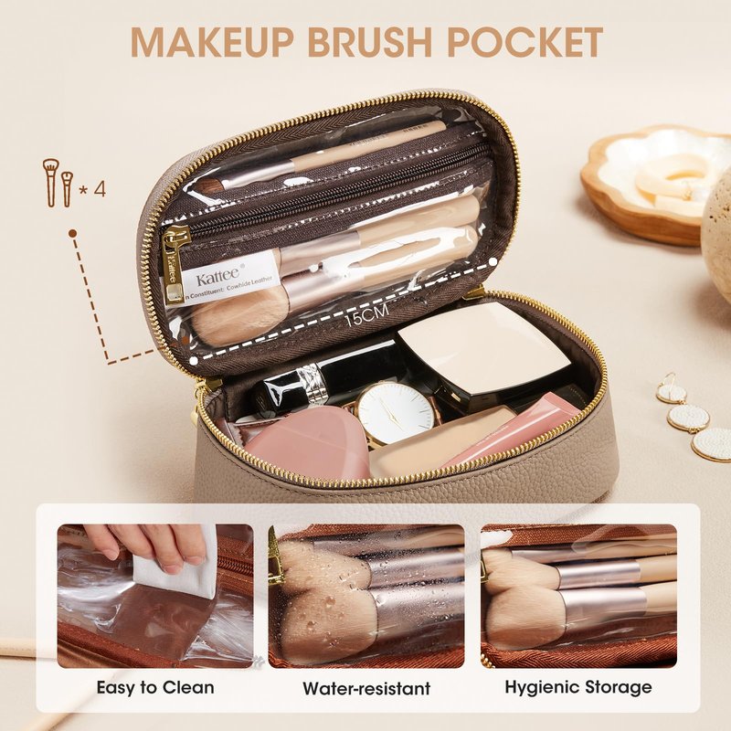 Kattee Makeup Bag for Women, Leather Cosmetic Bag, Working Makeup Bags for Ladies with Handles, Portable Travel Toiletry Bag, Brown