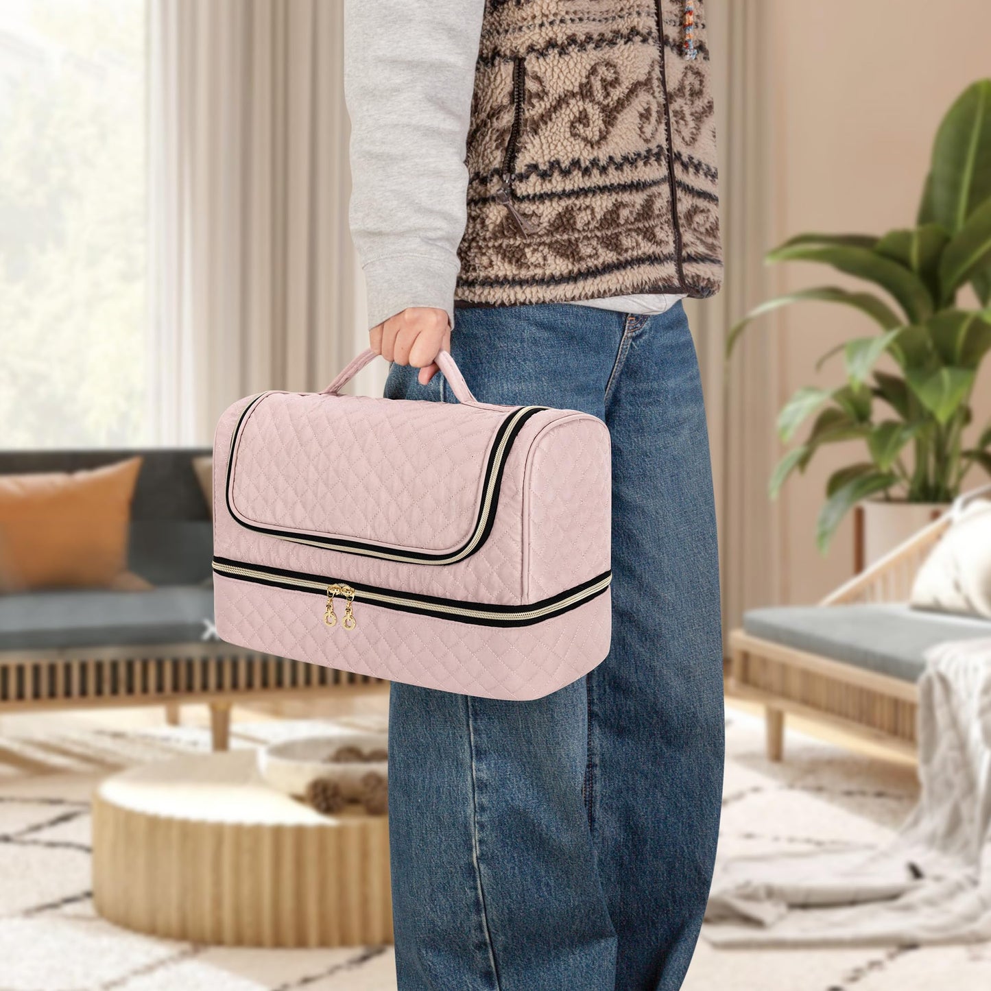 Yarwo Carrying Case Compatible with Flexfusion HD641S/HD642S, Double Layers Hanging Travel Bag for FlexFusion Hair Straightener & Powerful Hair Dryer and Hair Styler Attachments, Dusty Rose